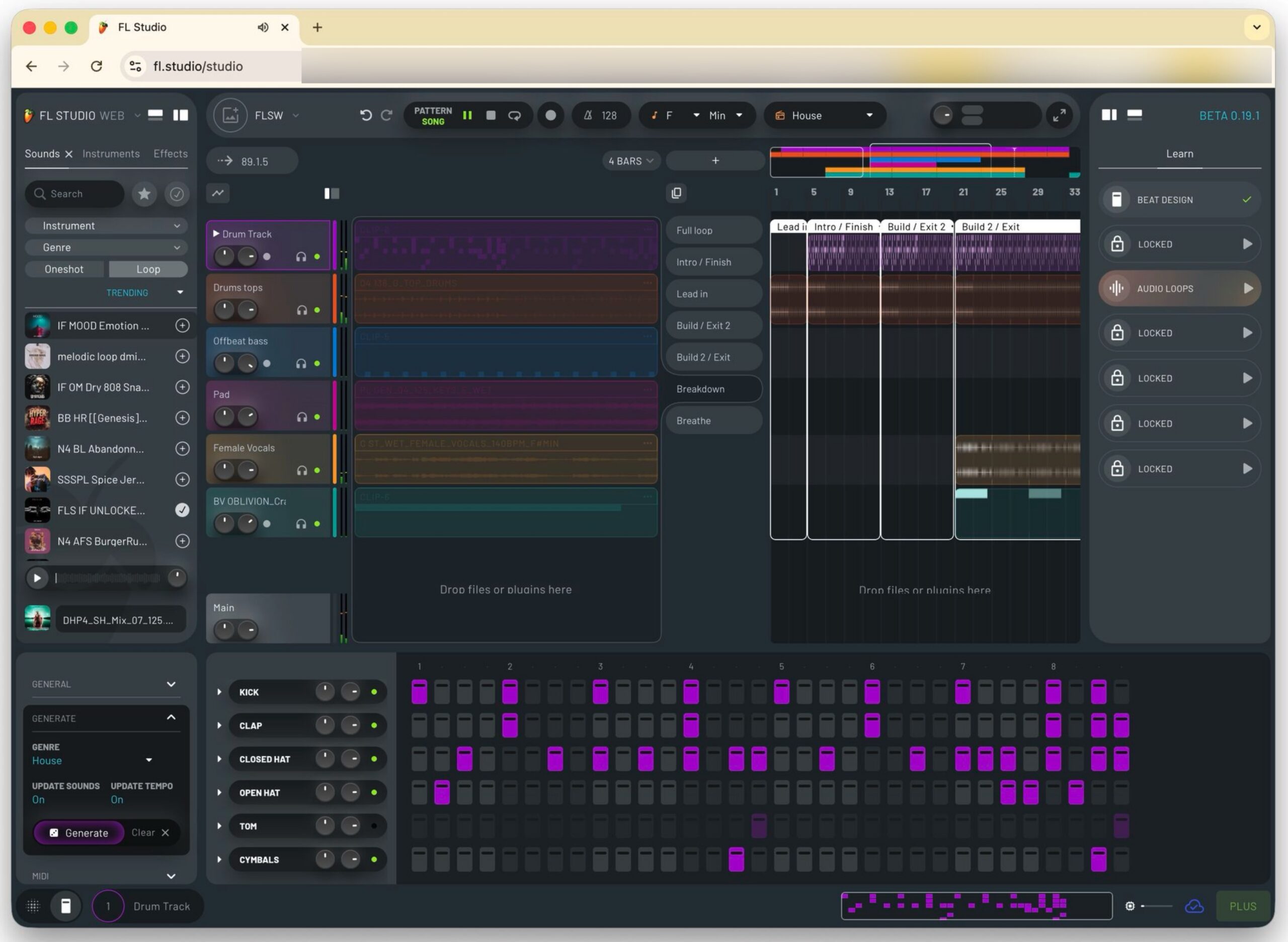 FL Studio Web browser interface showing piano roll, channel rack and mixer